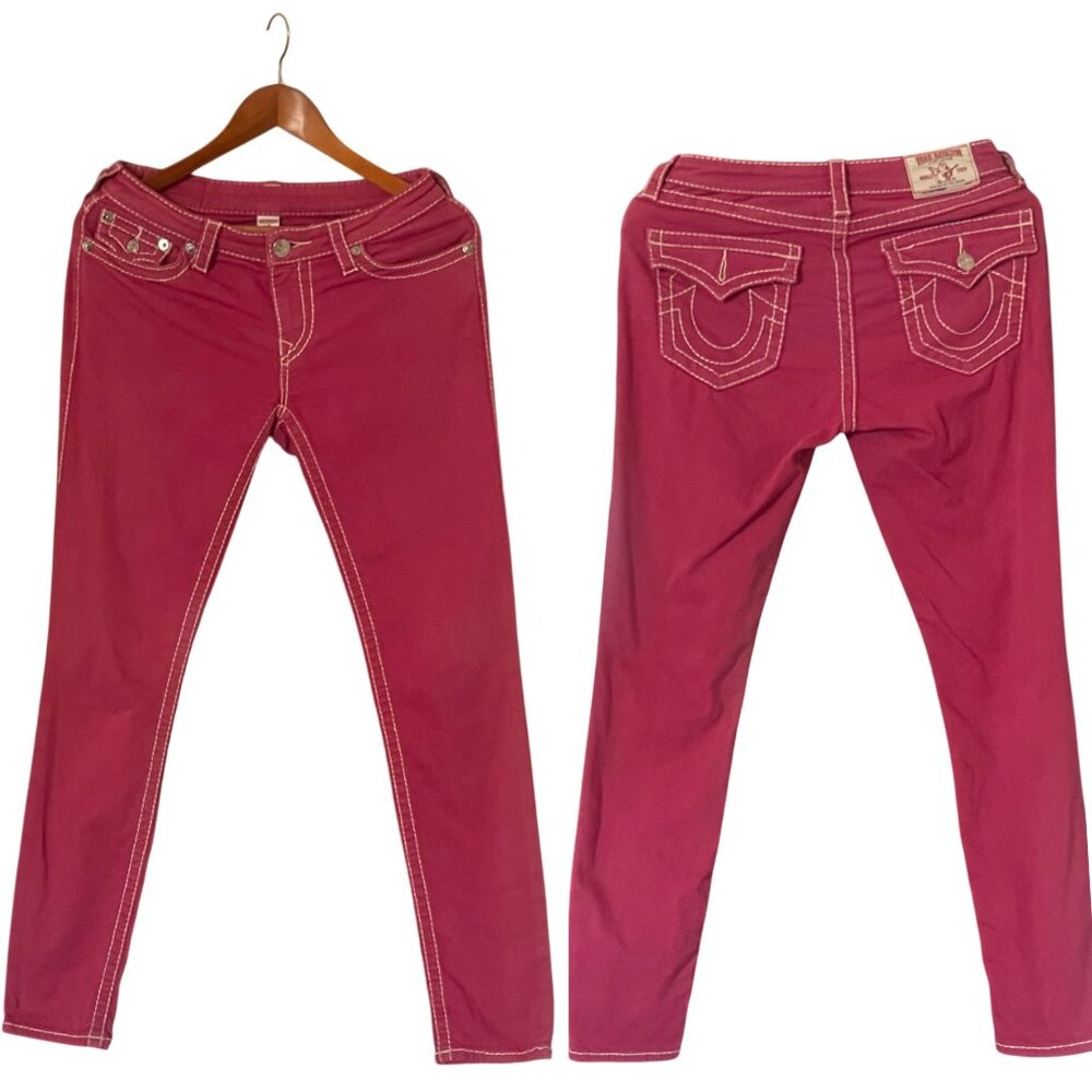 True Religion World Tour Women’s White Stitching Section Skinny Red Jeans 27